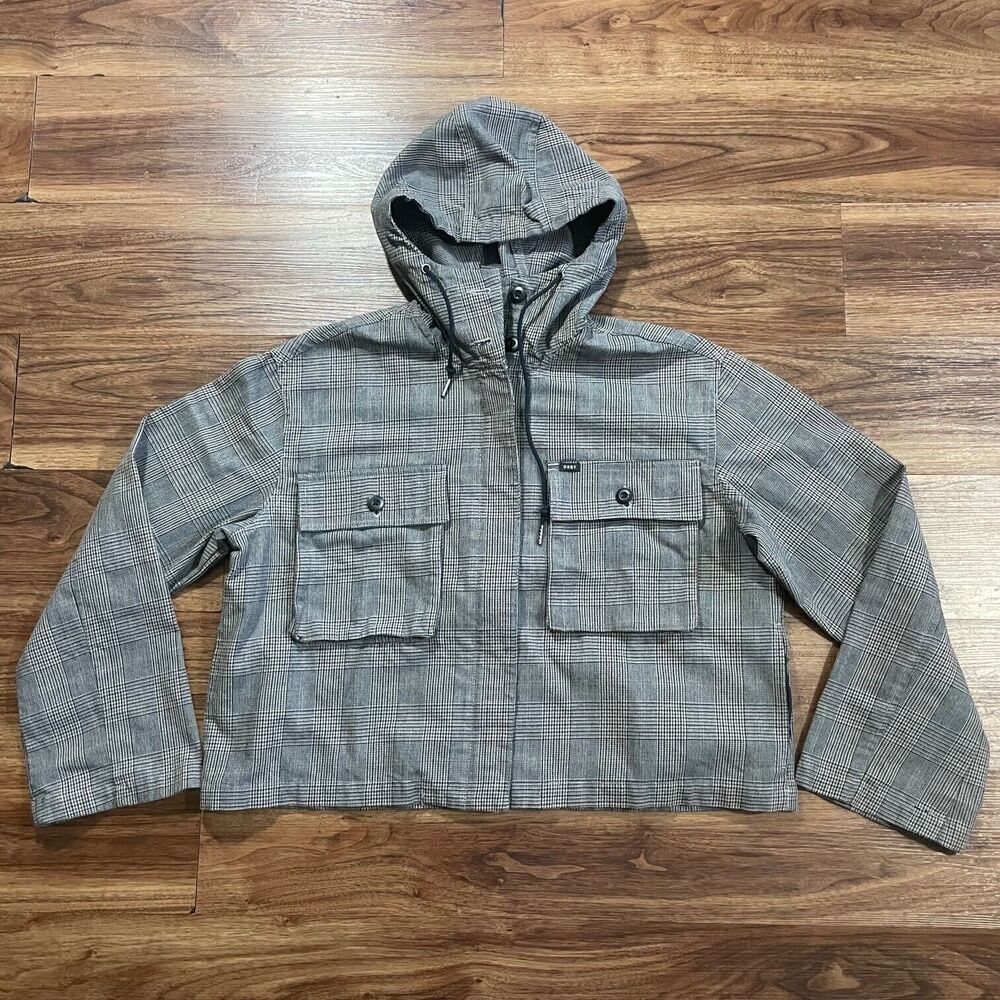 Obey Worldwide Cropped Hooded Jacket Long Sleeve Plaid Cotton Polyester Womens M